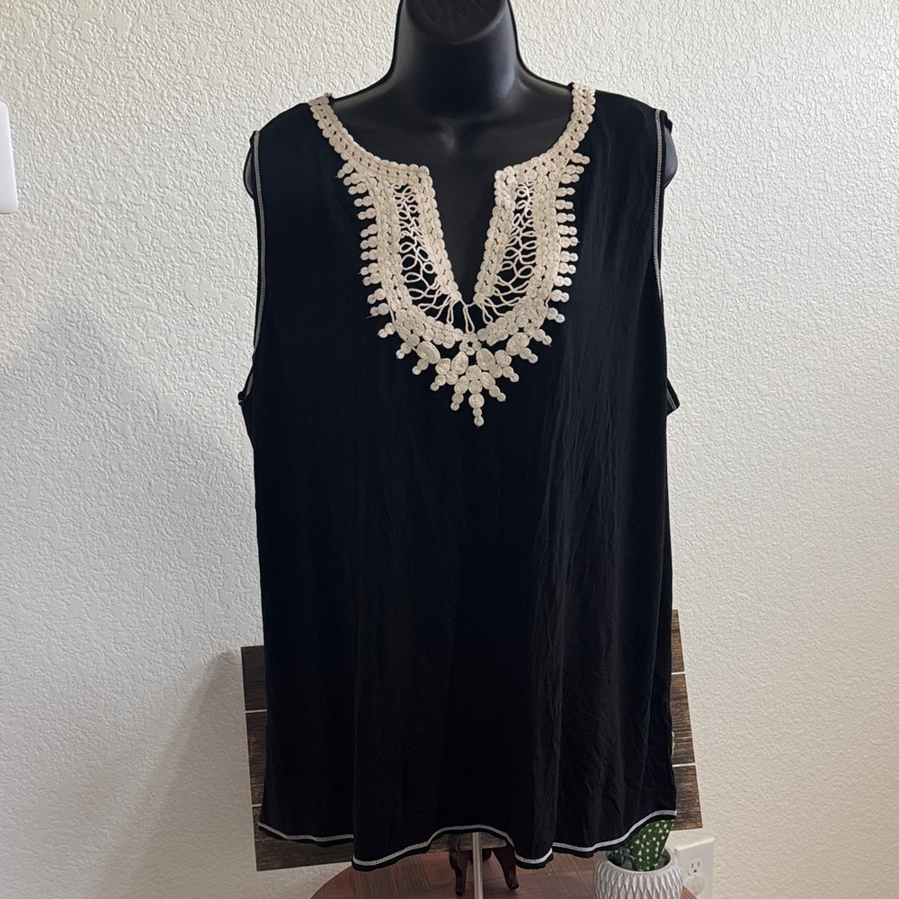 Max Studio Black Sleeveless Blouse with Cream Crochet Neckline